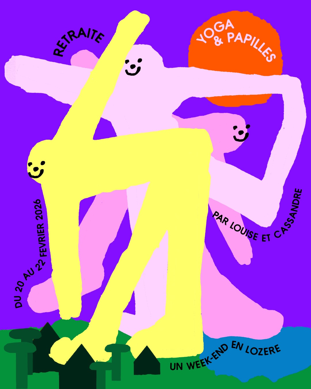 Affiche d’une retraite Yoga & Papilles par Louise et Cassandre, du 20 au 22 février 2026 : un week-end en Lozère